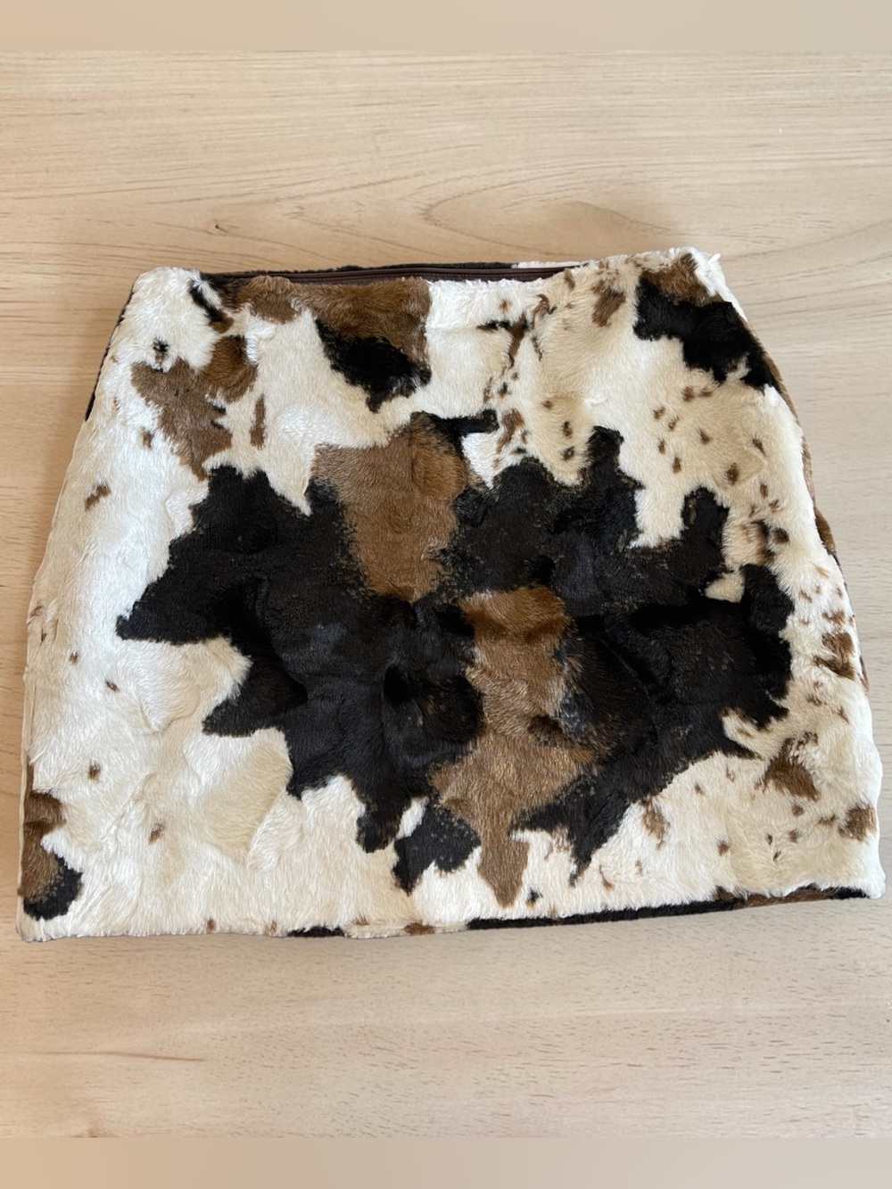 Vici Faux Fur Cow Print Mini Skirt Brown Black White Sz L Lined Side Zipper